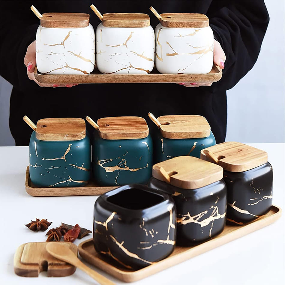 Ceramic Spice Jar With Tray Assorted Set Of
