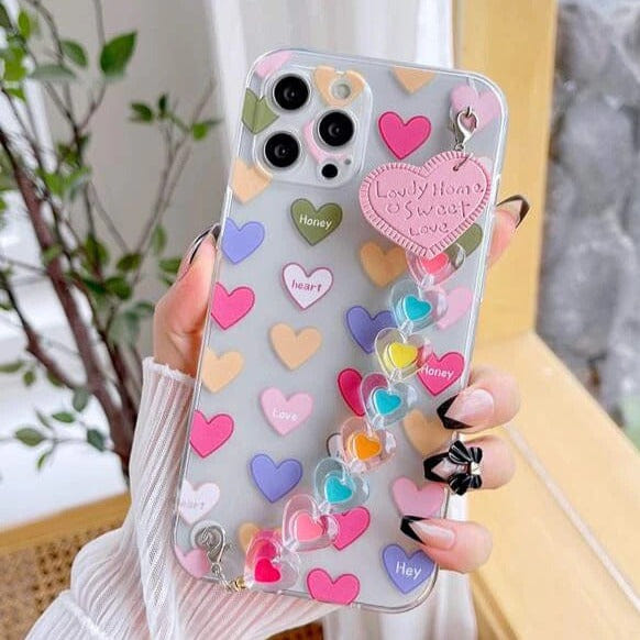 Phone case With Wrist Strap Chain Multicolor Hanging Hearts Single