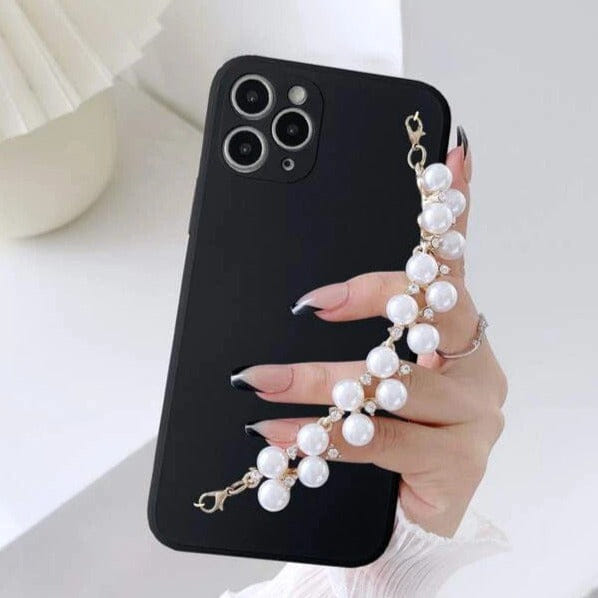 Phone case With Wrist Strap Chain Solid Black Faux Pearls Single
