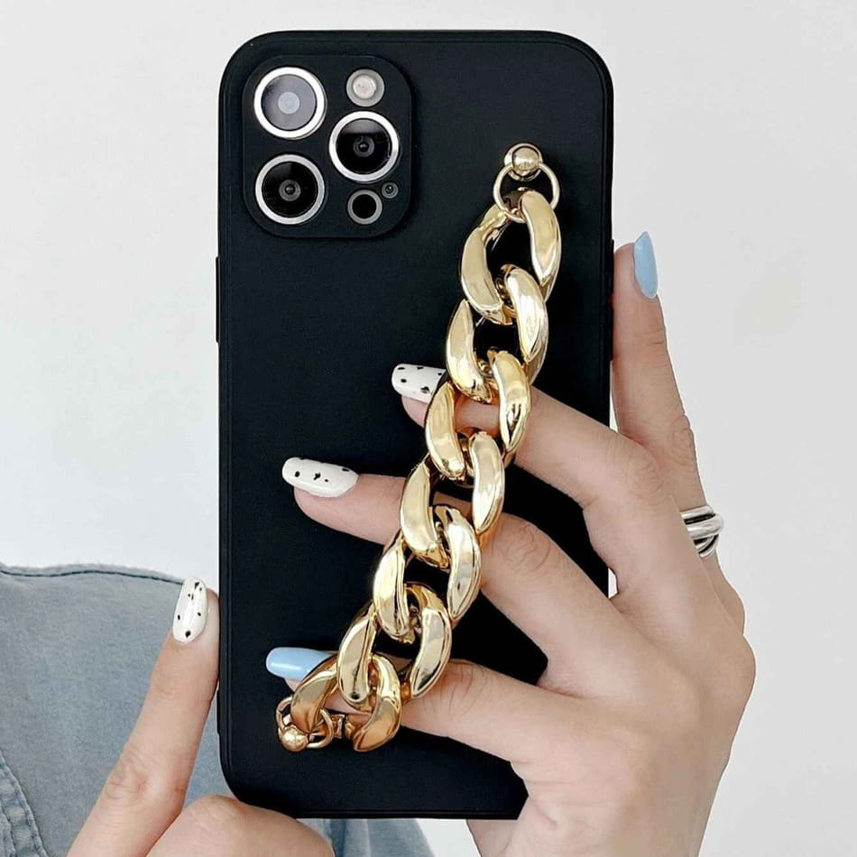 Phone Case With Wrist Strap Chain Solid Black Golden Single Piece