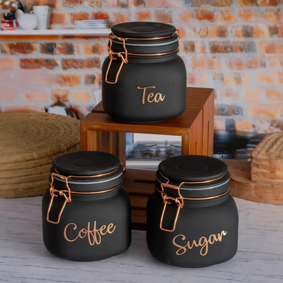 Tea Coffee Sugar Containers Black Set Of