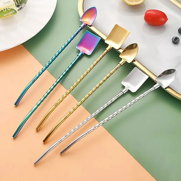 2 in 1 Straw Spoon With Cleaning Brush - Stainless Steel - Assorted - Set Of 4