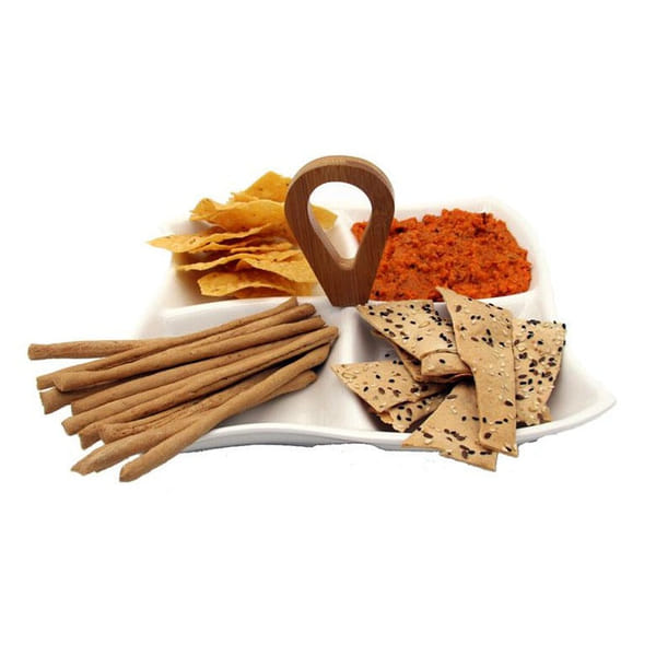 4 Compartment Ceramic Sway Platter With Wooden Handle