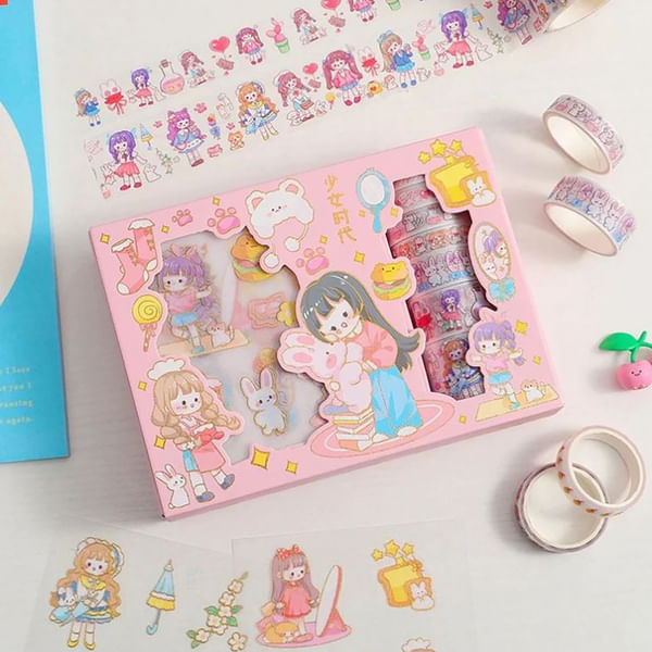 Cartoon Washi Tape And Sticker Card Set - Assorted