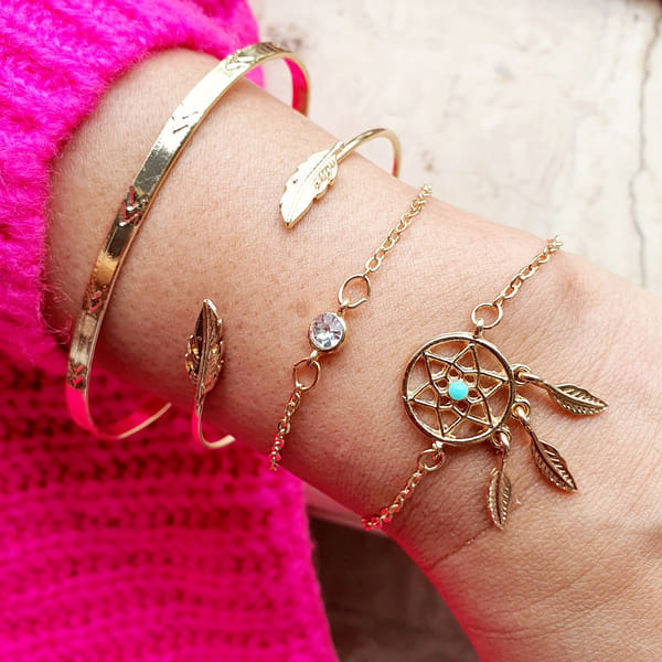 Charm Bracelet Bunch - Boho Dreamcatcher - Gold - Set Of 4
