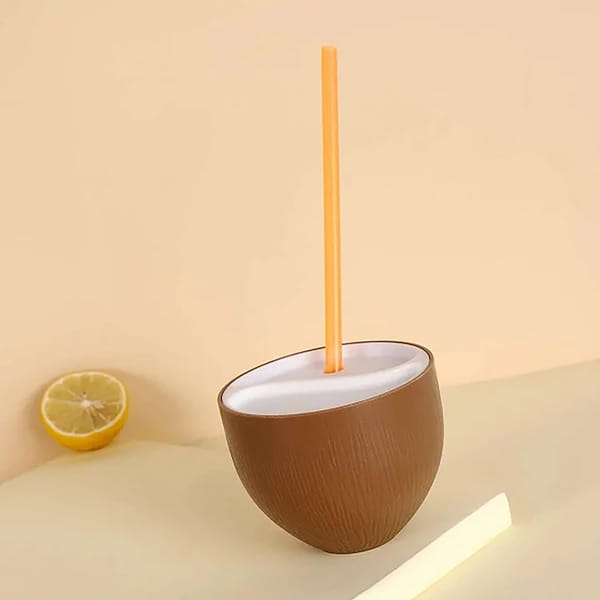 Coconut Cup With Lid And Straw - Plastic - Single Piece
