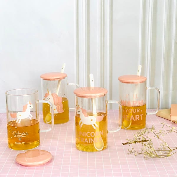 Coffee Mug With Lid And Spoon - Transparent - Unicorn - Pink - Single Piece