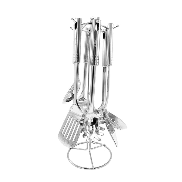 Cooking Utensils With Stand - Stainless Steel - Set Of 7