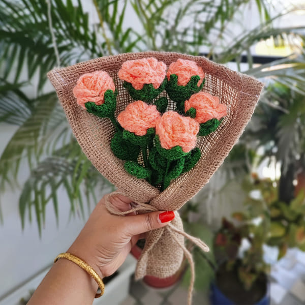 Crochet Peach Rose Bouquet - Single Piece