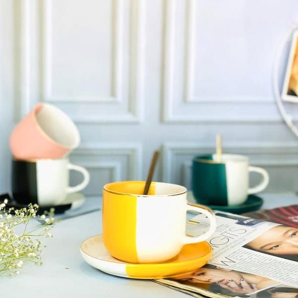 Cup And Saucer - Two Toned - Ceramic - Single Piece