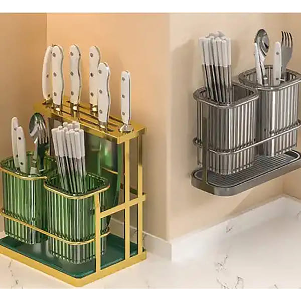 Cutlery Organizer With Knife Slots And Drain Pan - Single Piece