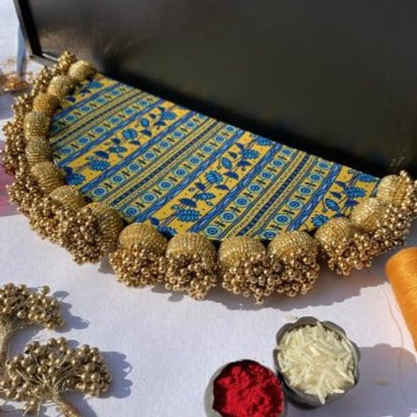 Glass Beaded Arc Rangoli - Maroon Navratna Patola And Congruous Divine Pichwai - Single Piece