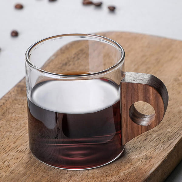 Glass Coffee Cup With Wooden Handle - Assorted - Single Piece