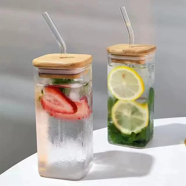 Glass With Straw And Bamboo Lid - Assorted - Single Piece