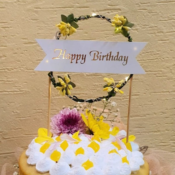 LED Cake Topper With Rose Gold Foiling - Happy Birthday - Round Floral