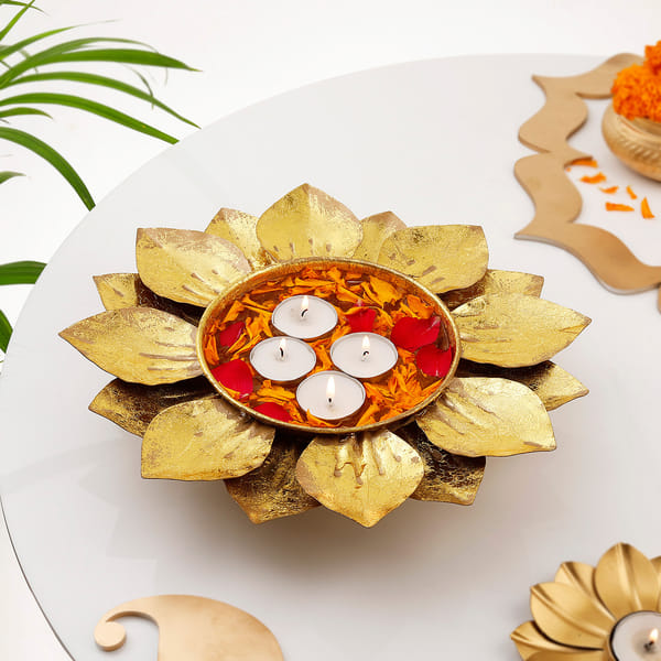 Lotus Glow Metal Urli With Tea Light Candles