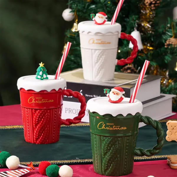 Merry Christmas Mug With Straw - Assorted - Single Piece