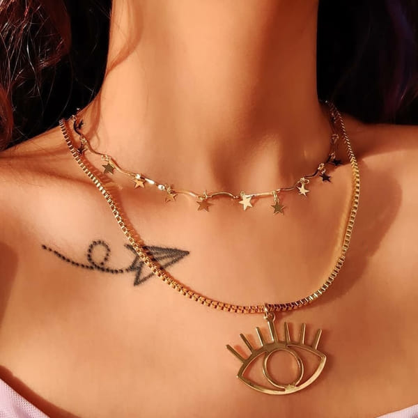 Necklace - Evil Eye And Stars - Gold - Single Piece