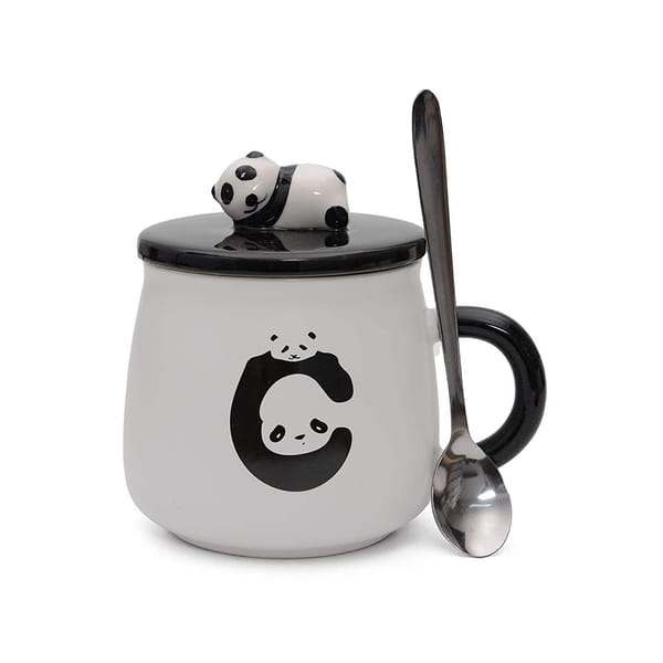 Panda Coffee Mug With Lid And Spoon - White And Black