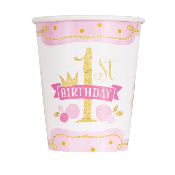 Paper Cups - First Birthday - Pink And Gold - Set Of 8