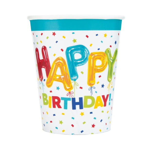 Paper Cups - Happy Birthday - White And Blue - Set Of 8