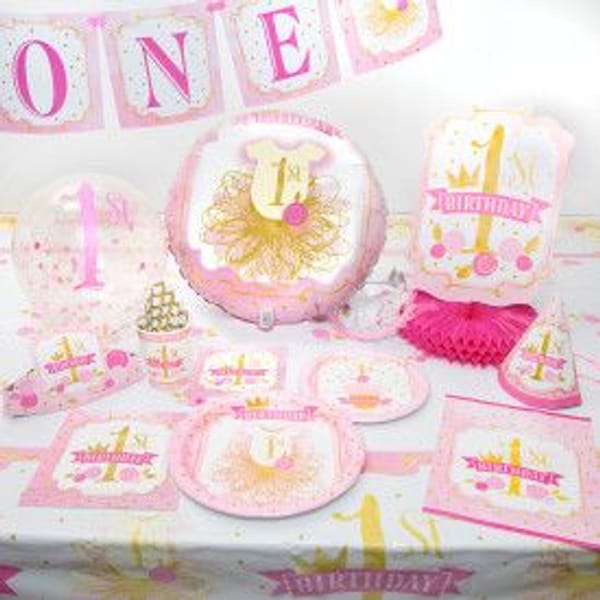 Paper Plates - First Birthday - Pink And Gold - Set Of 8