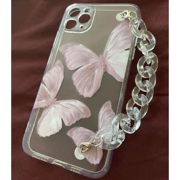 Phone Case With Wrist Strap Chain - Butterfly - Transparent - Single Piece