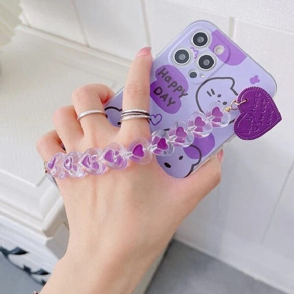 Phone Case With Wrist Strap Chain - Cute Cartoon - Purple Heart - Single Piece