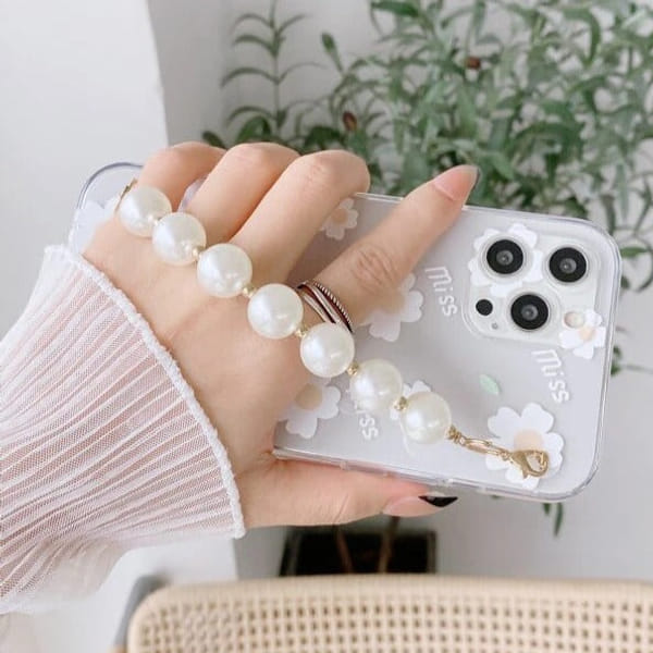 Phone case With Wrist Strap Chain - Daisy - Pearls - Single Piece