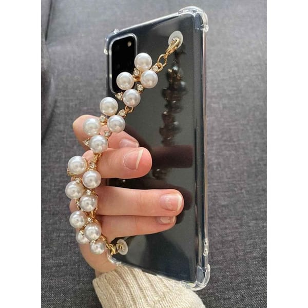 Phone case With Wrist Strap Chain - Transparent - Faux Pearls - Single Piece