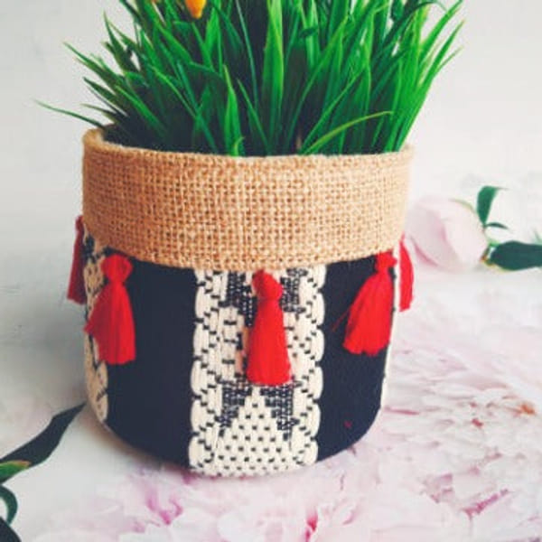 Planter - Jacquard With Jute - Black - Single Piece
