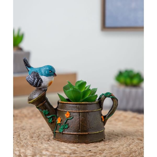Planter Pot - Watering Can With Perched Bird - Single Piece