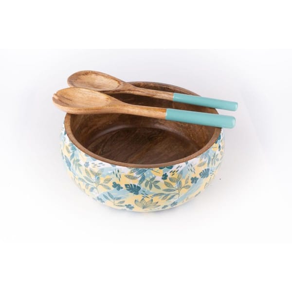 Salad Bowl And Server Set - Wooden - Tropical Green