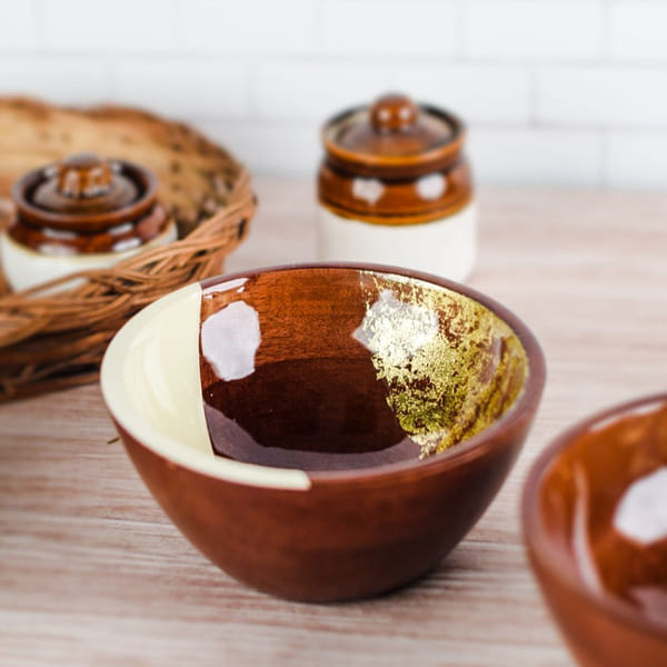Serving Bowl - Wooden - Gold And White - Single Piece