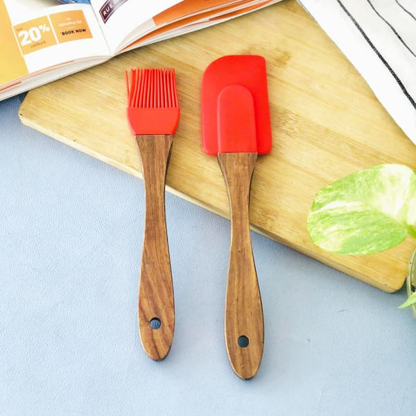 Silicone Spatula And Oil Brush Set - Wooden Handle