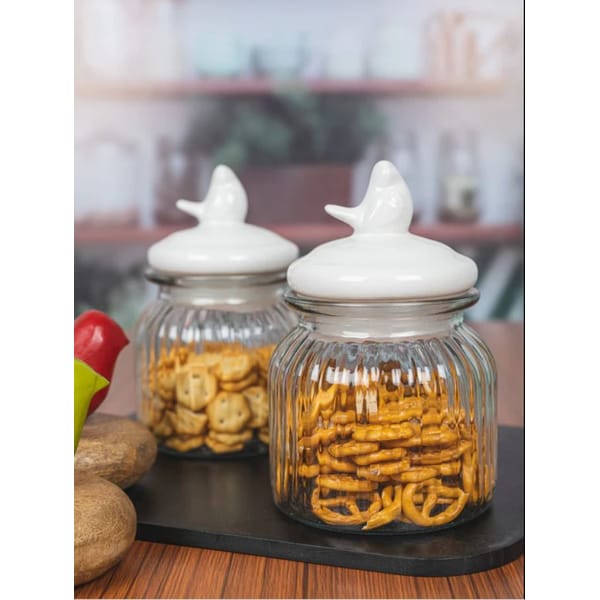 Storage Jar - Bird - White Lid - Set of 3