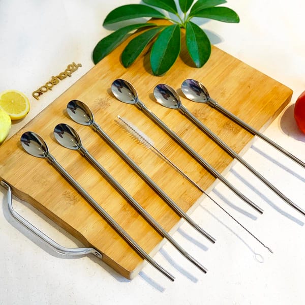 Straw Plus Spoon - Stainless Steel - Set Of 6