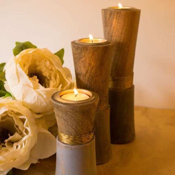 T-Light Holders - Wooden Wired - Set Of 3