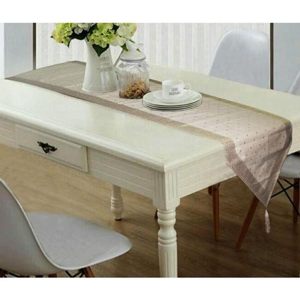 Table Runner - Triangle Ends - Dot Print - Faux Golden And Cream - Single Piece