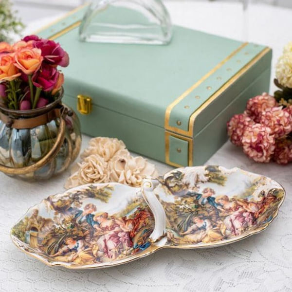 Tray - Victorian Print - 2 Partitions - White And Green