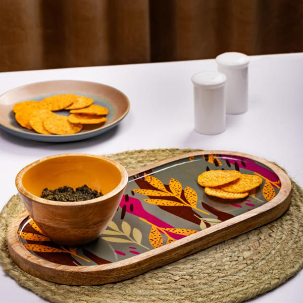 Wooden Platter With Bowl - Forest Leaves - Grey - Single Piece