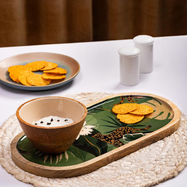 Wooden Platter With Bowl - Jungle Green - Single Piece