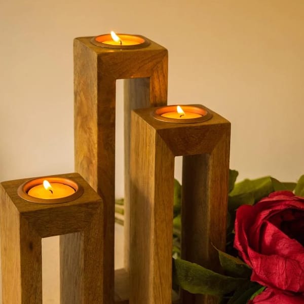 Wooden Tealight Stand - Hollow - Set Of 3